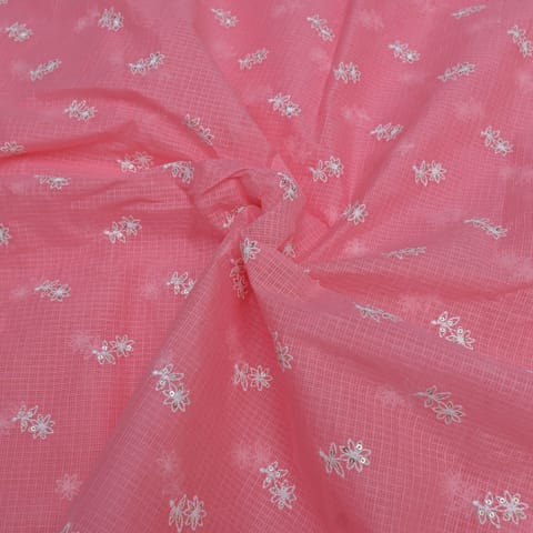 Pink Color Kota Doria Embroidered Fabric
