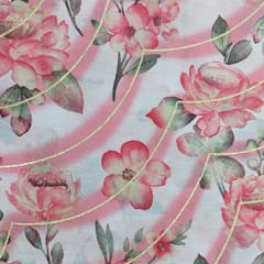 White With Pink Floral, Curve Lines Muslin Print Fabric