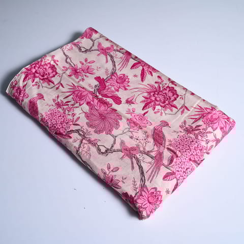 White and Pink Color Traditional Floral Printed Muslin Fabric (1.30Meter Piece)