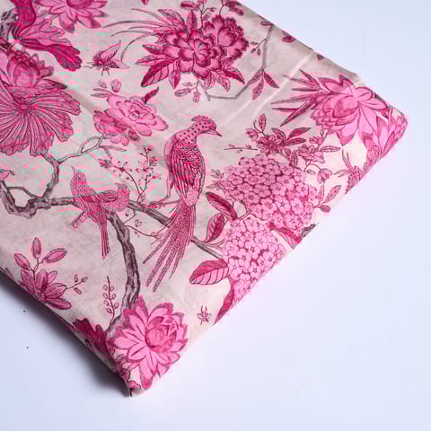 White and Pink Color Traditional Floral Printed Muslin Fabric (1.30Meter Piece)