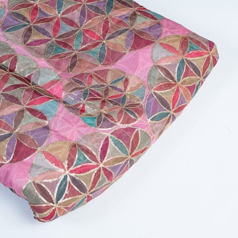 Pink Color Organza Printed Fabric with Embroidered Fabric