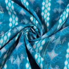 Sky Blue Muslin Zari Strips With Digital Print(1.50Mtr Piece)