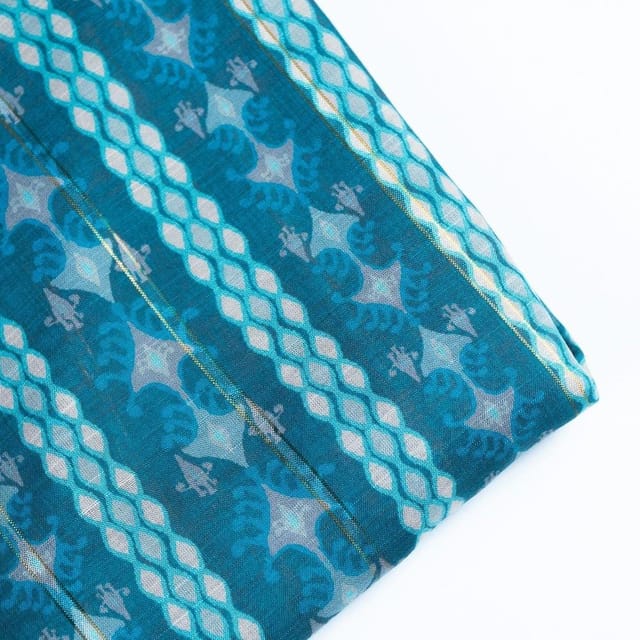 Sky Blue Muslin Zari Strips With Digital Print(1.50Mtr Piece)