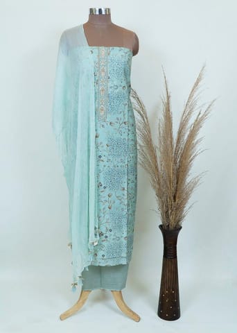Sky Blue Mulsin Prited shirt and lower with chiffon Dupatta