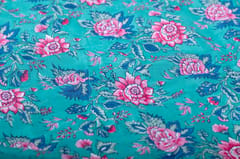 Blue  Color base Pure Muslin with pink flowers Printed Fabric