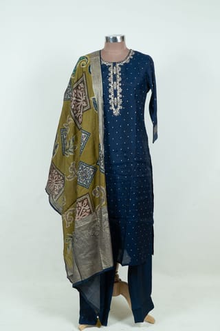 Blue Color Embroidered Chanderi Silk Shirt with Pant and Printed Chanderi Silk Dupatta