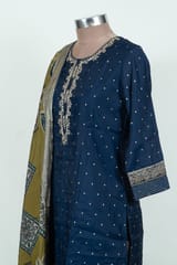 Blue Color Embroidered Chanderi Silk Shirt with Pant and Printed Chanderi Silk Dupatta