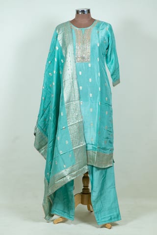 Firozi Color Embroidered Dola Jacquard Shirt with Pant and Banarsi Dupatta