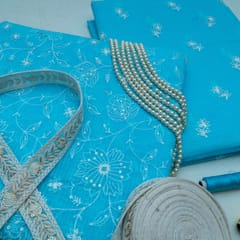 DIY Firozi Color Kota Doria Embroidered Set