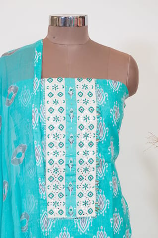 Firozi Color Cotton Print with Embroidered Shirt with Bottom and Chiffon Dupatta