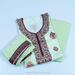 Mint Green Color Satin Printed Suit With Cotton Bottom And Printed Chiffon Dupatta