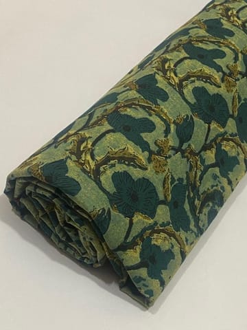 Green base cotton Printed Fabric with flowers