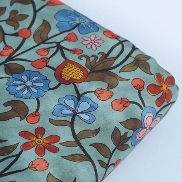 Teal Green Color Glace Cotton Digital Printed Fabric