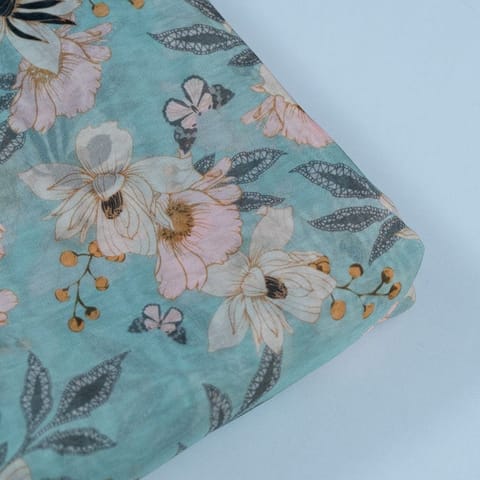 Sea Green Color Viscose Organza Printed Fabric
