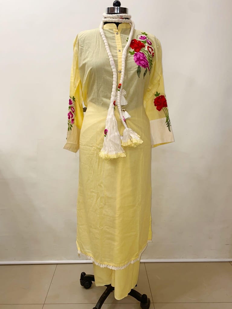 Yellow Cotton Embroidered Suit Set