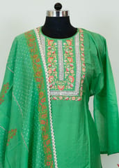 Green Color Chanderi Embroidered Shirt With Cotton Lower And Muslin Dupatta