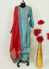 Sea Green Upada Embroidered Shirt With Upada Lower and Red Chinon Dupatta