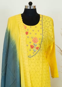 Yellow Color Cotton Embroidered Shirt With Plain Cotton Bottom And Shaded Embroidered Dupatta
