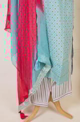 Sea green Cotton Printed Kurta with pant and Chiffon Dupatta