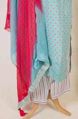 Sea green Cotton Printed Kurta with pant and Chiffon Dupatta