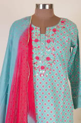 Sea green Cotton Printed Kurta with pant and Chiffon Dupatta