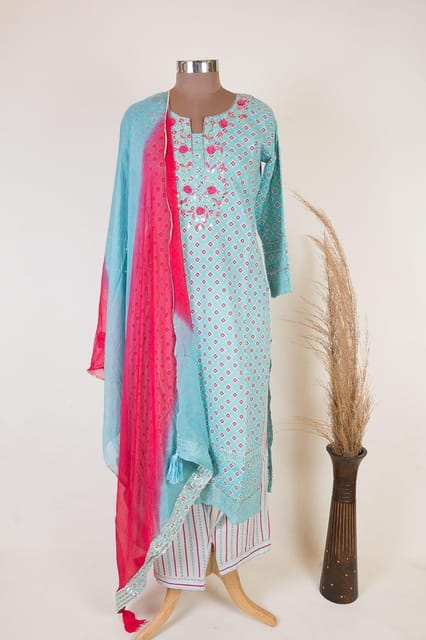 Sea green Cotton Printed Kurta with pant and Chiffon Dupatta