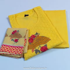 Yellow Cotton Embroidered Suit With Cotton Bottom And Muslin Dupatta