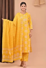 Yellow Color Printed Cotton Shirt with Printed Cotton Bottom and Dupatta