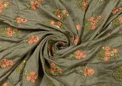 Embroidered Cotton Mehndi Green Orange Flowers