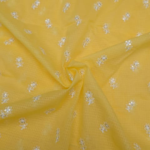Yellow Color Kota Doria Embroidered Fabric