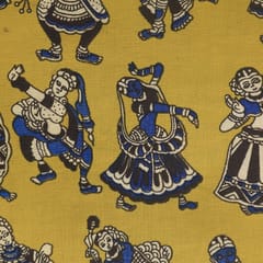 Yellow With Blue Kalamkari Screen Printed Dabu Cotton Fabric