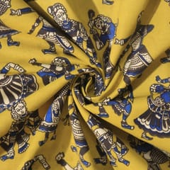 Yellow With Blue Kalamkari Screen Printed Dabu Cotton Fabric