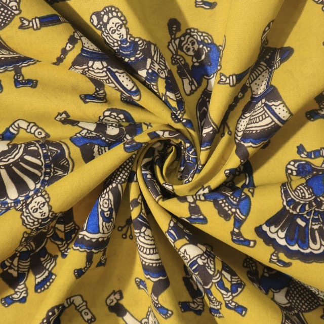 Yellow With Blue Kalamkari Screen Printed Dabu Cotton Fabric