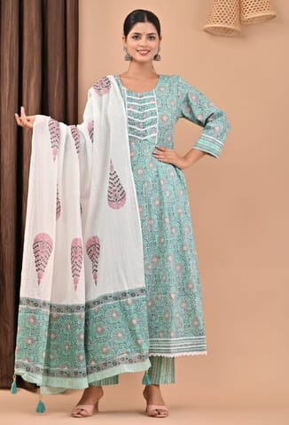 Sea Green Color Printed Cotton Shirt with Printed Cotton Bottom and Dupatta