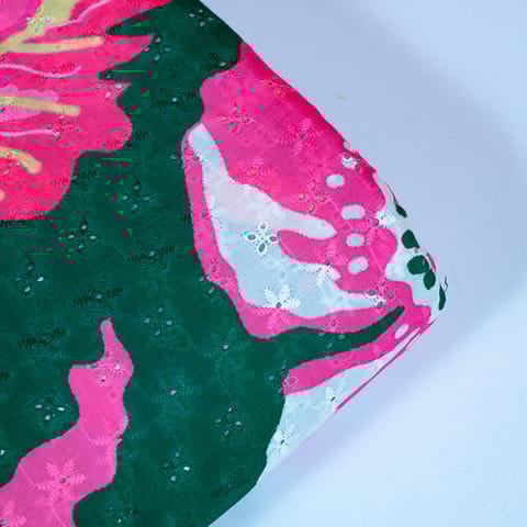 Green Color Cotton Chikan with Print Fabric
