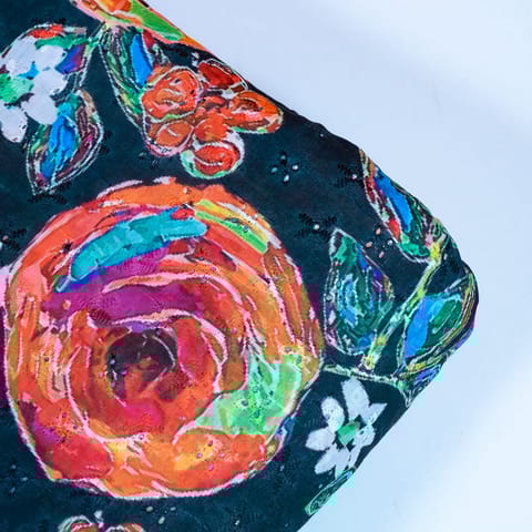 Bottle Green Color Cotton Chikan with Print Fabric