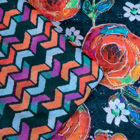 5 Mtr Bottle Green Color Cotton Chikan with Cotton Printed Set