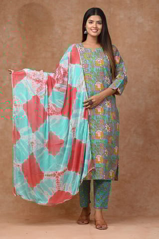 Sea Green Color Cotton Printed Shirt with Cotton Printed Bottom and Chiffon Printed Dupatta