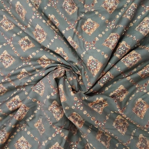 Olive Green ,Golden Shade Geometric Print  Muslin Fabric