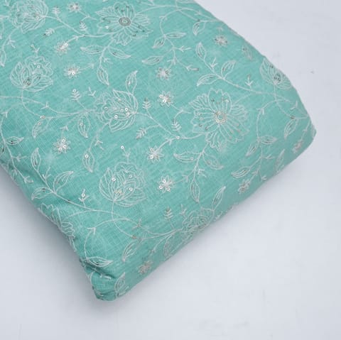 Green Color Kota Doria Embroidered Fabric