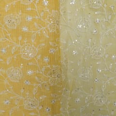5 Mtr Yellow Cotton Kota Doria Thread Embroidered Fabric Set