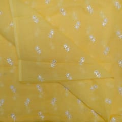 5 Mtr Yellow Cotton Kota Doria Thread Embroidered Fabric Set