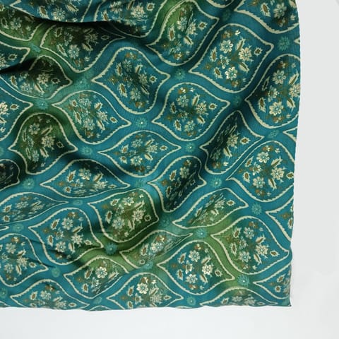 Peacock Blue Floral Printed Modal Chanderi Fabric