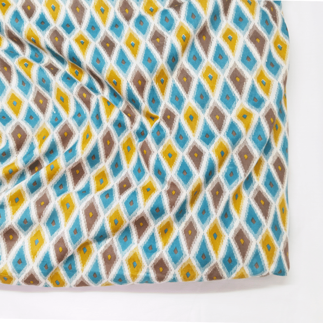 Mustard Yellow And Blue Geometrical Printed Cotton Fabric