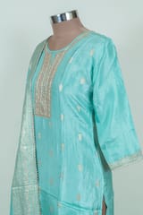 Firozi Color Embroidered Dola Jacquard Shirt with Pant and Banarsi Dupatta