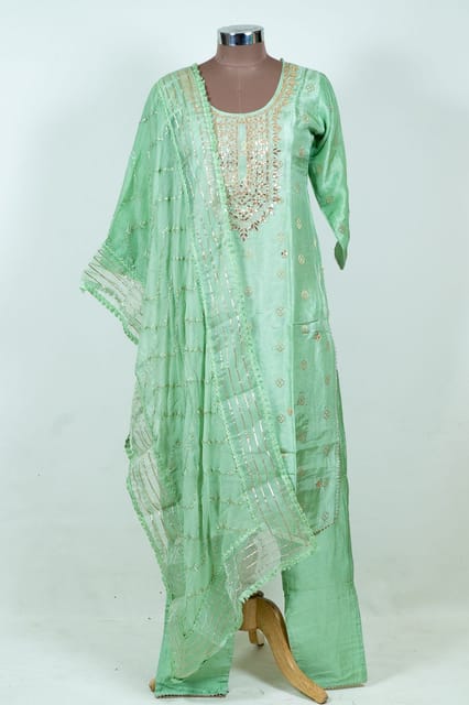 Lime Green Color Embroidered Dola Jacquard Shirt with Pant and Embroidered Chiffon Dupatta