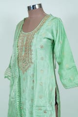 Lime Green Color Embroidered Dola Jacquard Shirt with Pant and Embroidered Chiffon Dupatta