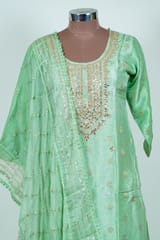 Lime Green Color Embroidered Dola Jacquard Shirt with Pant and Embroidered Chiffon Dupatta