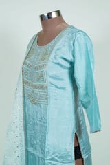 Sky Blue Color Embroidered Dola Silk Shirt with Pant and Embroidered Organza Dupatta