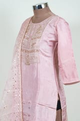 Onion Pink Color Embroidered Dola Silk Shirt with Pant and Embroidered Organza Dupatta